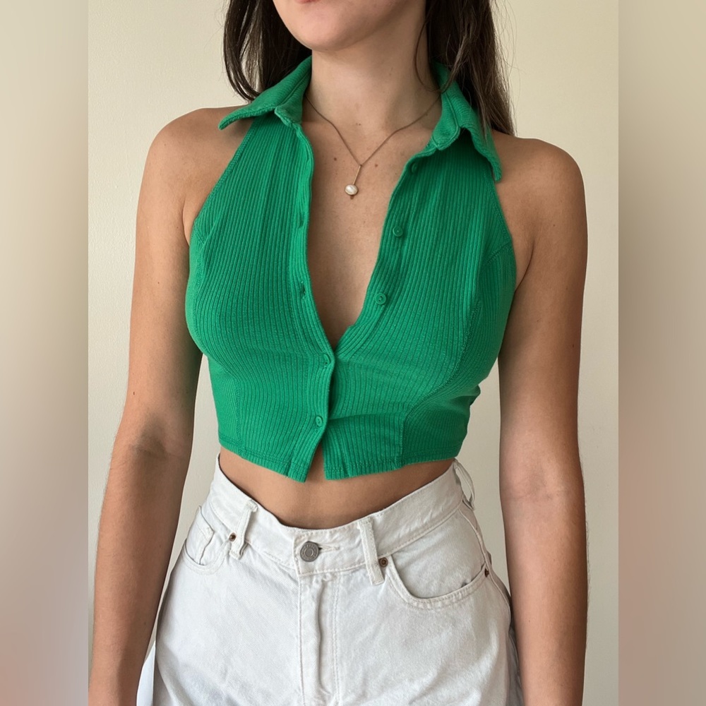 Urban Outfitters Green Button Up Sleeveless Crop Top